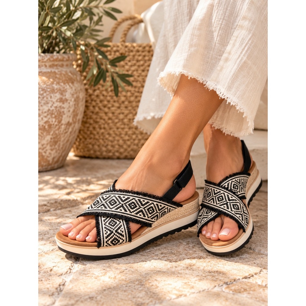 TOMS Diana Crossover Sandal Geometric Woven Size 11 Boho Resort Platform Neutral